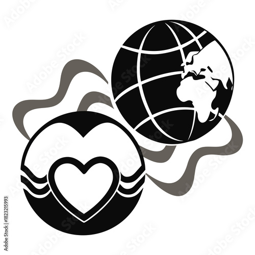 Global Heart Connection Vector Logo Concept: Stylized Monochrome Icon Representing World Peace, Community, Love, and International Solidarity on a White Background.