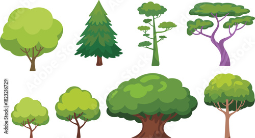 Stylized tree illustration set, diverse foliage types and trunk shapes, tropical and temperate species, nature vector collection, botanical graphics, landscape clipart