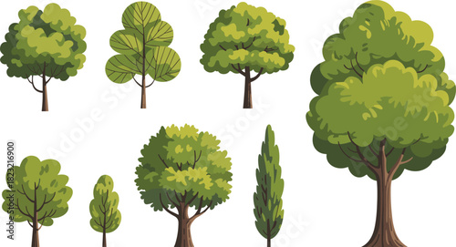 Stylized tree illustration set, eight diverse canopy shapes and trunk styles, cartoon nature vector collection, botanical design elements, landscape clipart