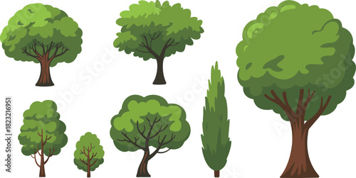Stylized tree illustration set, seven diverse canopy shapes and trunk styles, cartoon nature vector collection, botanical design elements, landscape clipartStylized tree illustration set, seven divers