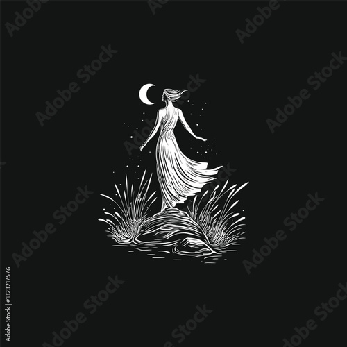 illustration featuring the silhouette of a woman in a flowing dress standing on a rock amidst tall reeds, looking up at a crescent moon and stars