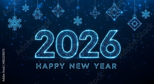 Glowing 2026 happy new year with snowflakes on dark background