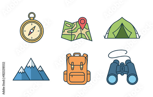 Outdoor adventure and camping essentials flat line icons