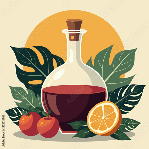 Wine decanter with oranges and apples surrounded by green leaves  