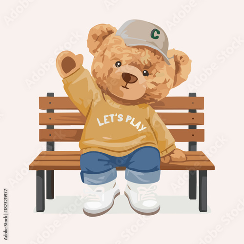 Friendly teddy bear character vector illustration sitting on a park bench wearing a cap and yellow sweatshirt, cheerfully raising a hand to wave hello.