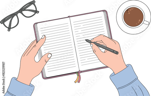 Top-down writing scene vector with open notebook, hands holding pen, coffee cup, eyeglasses, and ribbon bookmarks for journaling and productivity design