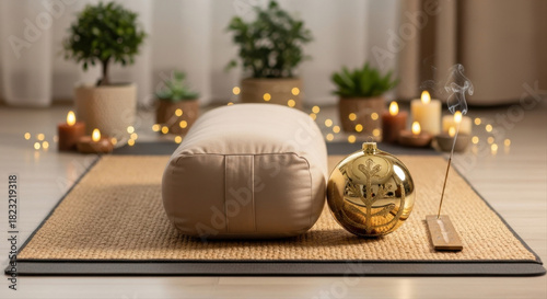 Calm yoga studio with festive Christmas decor, featuring a beige bolster on a mat surrounded by glowing candles and greenery, creating a serene atmosphere