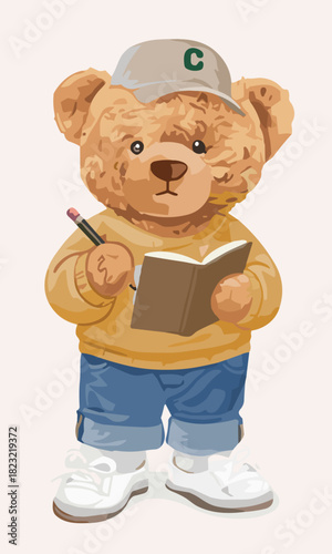 Diligent student teddy bear character vector illustration standing and writing notes or drawing in a small book using a pencil.