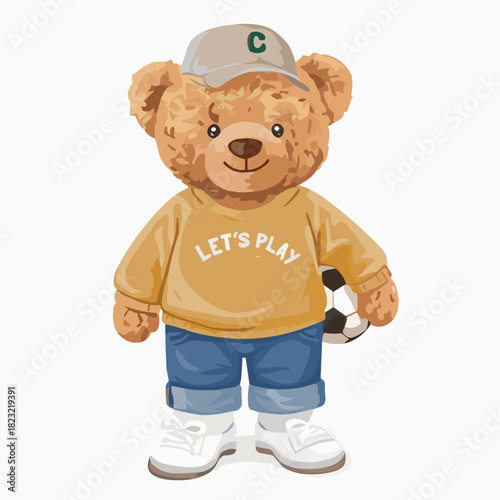 Athletic teddy bear soccer player cartoon character vector illustration standing upright while holding a football securely under his arm, ready to play.