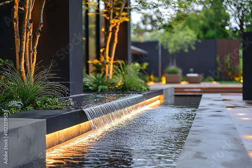 Close-up of a modern garden water feature with flowing water and orange lighting Image
