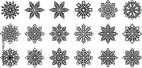 Beautiful intricate snowflake patterns with detailed symmetrical designs isolated on white background