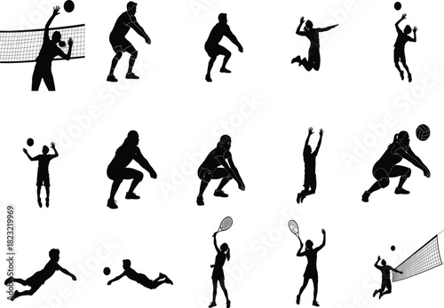 Silhouette collection of volleyball players in various poses serving setting spiking blocking and diving on a white background for sport illustrations