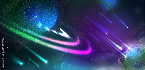 Vibrant Cosmic Scene with Ringed Planets and Shooting Stars. Futuristic hi-tech HUD element.  Space y2k banner  with planets, stars and comets. 