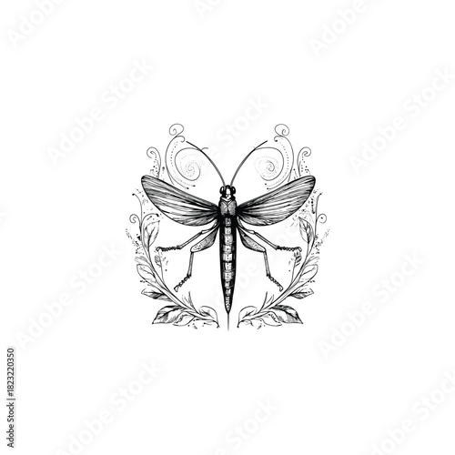 vintage-style illustration of a grasshopper or winged insect, centered with its wings open, framed by simple olive or laurel branches