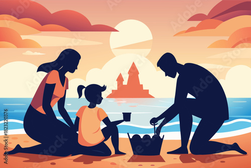 Family Fun on Beach with Sunset Glowing in Background, Parents and Child Enjoying Vacation Together, Building Sandcastles, Peaceful Summer Vibes