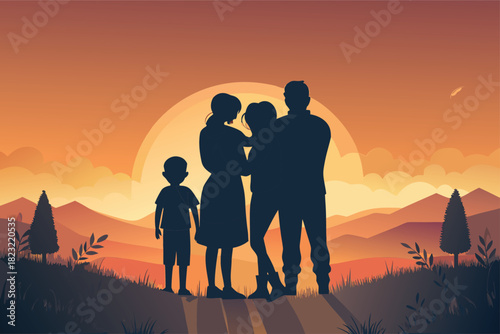 Family silhouette enjoying a stunning sunset together, creating warm memories and sharing love in nature's beauty against a mountain backdrop
