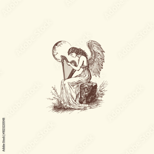 vintage engraving of a beautiful winged woman or angel sitting on a rock, playing a harp against a dramatic a full moon