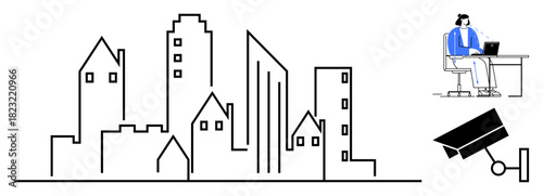 Urban security. Urban security illustrated with city buildings, surveillance camera, and desk worker protection and smart monitoring. For smart cities, surveillance, urban management, corporate