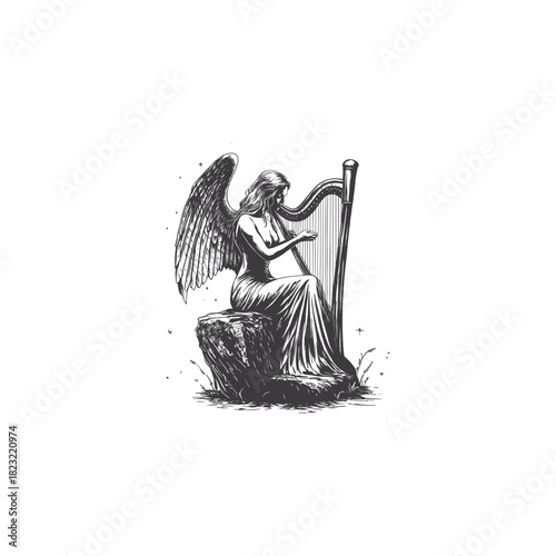 illustration of a serene winged woman or angel sitting on a log or tree stump, playing a large harp with flowing hair and dress