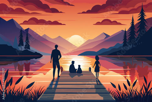 Family enjoying a stunning sunset over the lake on a wooden pier, creating a warm and peaceful evening scene with mountains in the distance