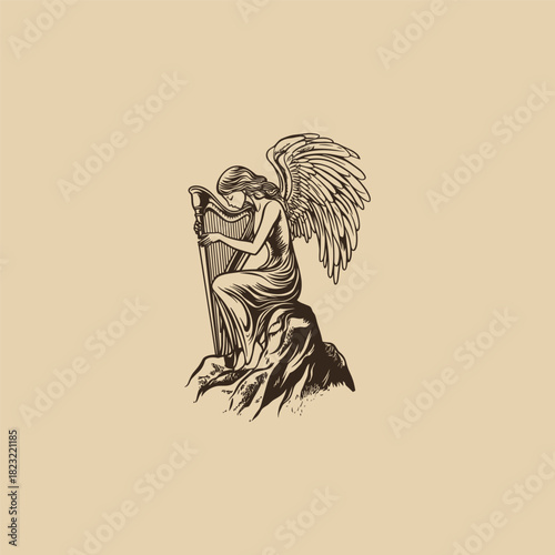illustration of a serene winged woman or angel sitting on a log or tree stump, playing a large harp with flowing hair and dress