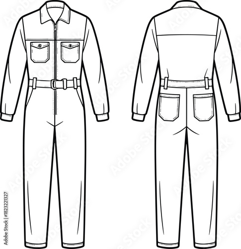 Utility jumpsuit vector set, front and back fashion sketch with zipper closure, flap pockets, belted waist, and long sleeves for garment design