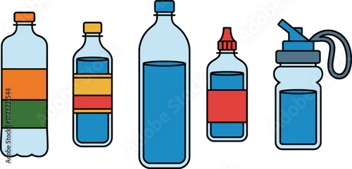 Vector bottle set with colorful liquid levels, various container shapes, beverage packaging design, fluid measurement concept, modern drink illustration