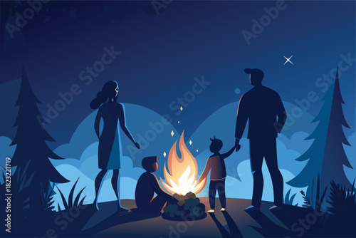 Family bonding around a warm campfire under the starry night sky in the woods, creating cherished memories and enjoying outdoor adventures together