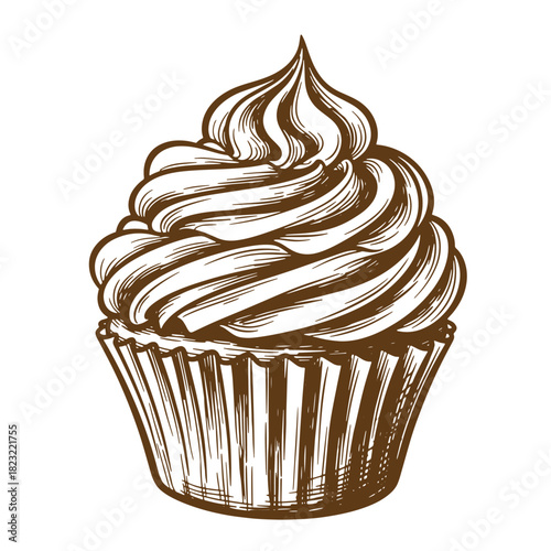 Detailed sketch illustration of a delicious cupcake with swirled frosting on a white background