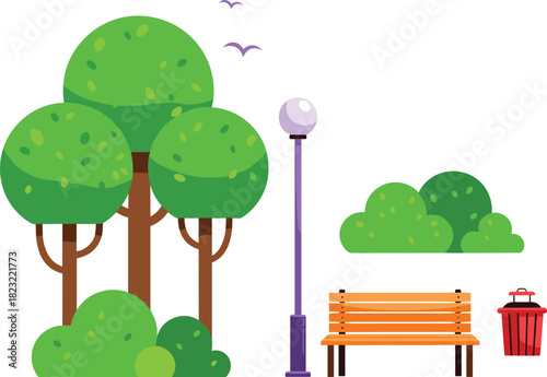 Cartoon park scene, trees, bench, streetlamp, trash bin, flying birds, bushes, outdoor illustration, public space, nature vector art