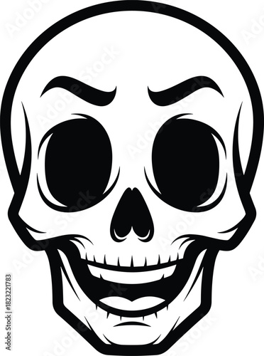 cartoon skull, stylized bone, Halloween icon, spooky face, bold outline, graphic design, expressive skull, toothy grin, black lines, playful skull, scary cartoon, 