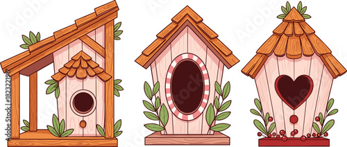 Decorative birdhouses, cartoon birdhouse, garden decor, wooden birdhouse, heart entrance, porch design, leaves, berries, nature, cute, cozy, whimsical, outdoor decor, bird shelter, spring