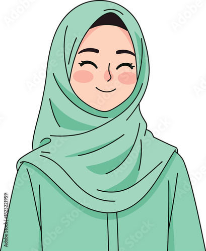 Hijab woman, green outfit, cultural attire, smiling face, rosy cheeks, closed eyes, Muslim fashion, modest wear, digital art, vector illustration, Islamic clothing, peaceful expression, white