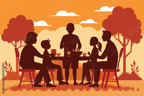 Family gathering outdoors for a delightful meal under a warm sky, sharing stories and creating memories together during a sunny afternoon picnic