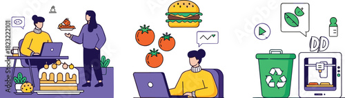 Technology, sustainability, food, data, analytics, eco-friendly, workspace, nutrition, recycling, 3D printing, innovation, digital, environment, smart living, green tech, modern lifestyle, future,