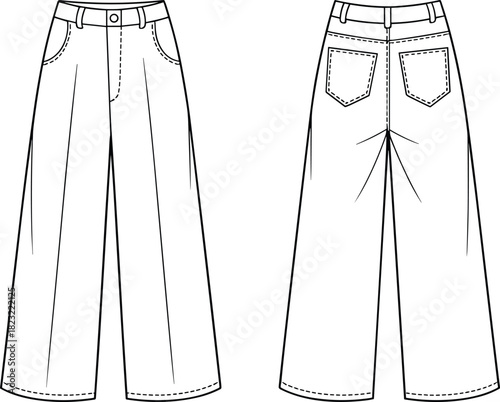 Wide-leg pants technical vector set, front and back fashion sketch with waistband, belt loops, curved pockets, tailored seams, garment design illustration