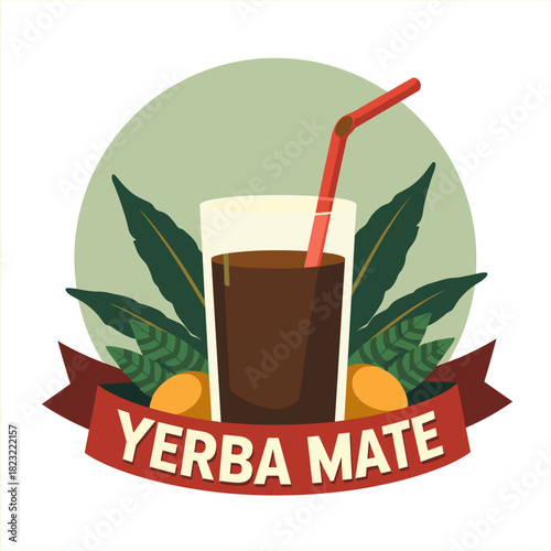 Yerba mate drink with straw and leaves on circular background  