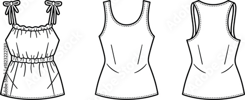 Women’s sleeveless tops fashion sketch, front and back view garment illustration, tank top and ruffle strap design for apparel and sewing