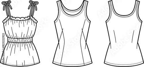 Women’s sleeveless tops fashion illustration, black and white garment sketches, tank top design variations for apparel, sewing, and pattern making