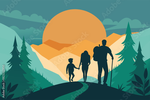 Family adventure awaits! Silhouette of hikers exploring stunning mountain landscape at sunset offers peace and inspiration for outdoor lifestyle brands