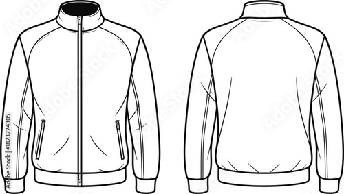 Zip-up jacket fashion flat sketch, front and back view, high collar, raglan sleeves, ribbed cuffs and hem, black and white vector