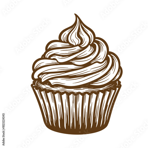 Elegant brown sketch vintage illustration of a delicious swirled iced cupcake