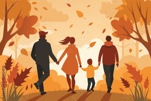 Family enjoying autumn walk together holding hands in vibrant fall landscape, creating heartwarming family memories during the beautiful fall season