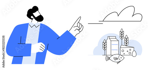 Professional pointing at dairy, fish, grain, cheese, and wheat with a cloud element. Ideal for nutrition, food selection, education health awareness diet planning wellness sustainability. Simple