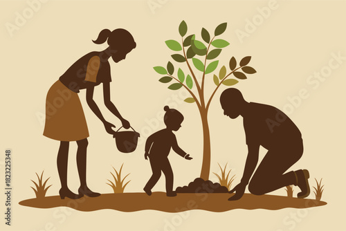 Loving family planting a tree together, nurturing growth and environmental awareness for a brighter future, symbolizing unity and sustainability