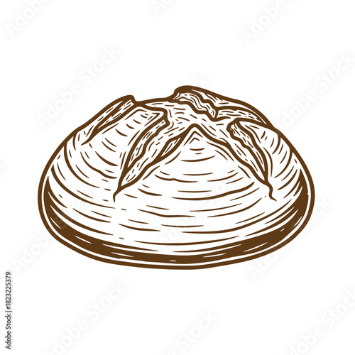 Hand drawn illustration of fresh artisan sourdough bread loaf in a sketch vintage style