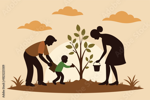 Family planting a tree together, nurturing nature and fostering growth with love, creating a sustainable future for generations in a serene landscape