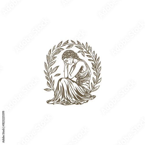Grieving woman in classical mythological style, sitting and crying, surrounded by a laurel wreath, vector illustration