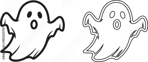 Two cartoon ghosts, one with thick outlines and solid features, the other with thin outlines and hollow features, both floating and expressing surprise or fright