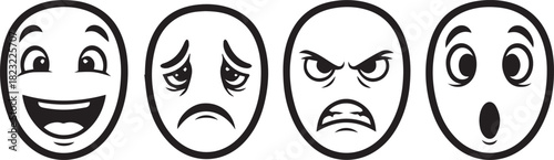 A row of four black and white cartoon faces expressing different emotions joy, sadness, anger, and surprise, depicted with simple line art